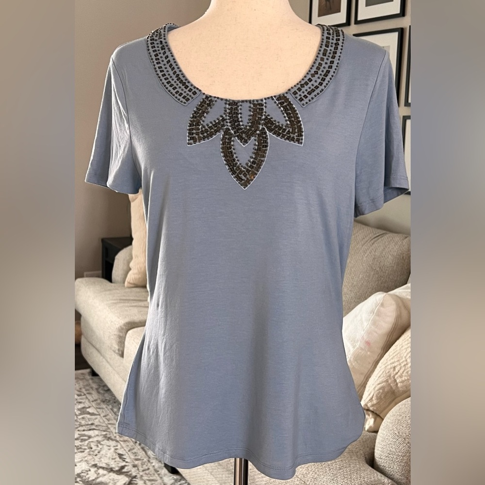 Alberto Makali Embellished Beaded Neckline Scoop Neck Stretch Top Size Large
